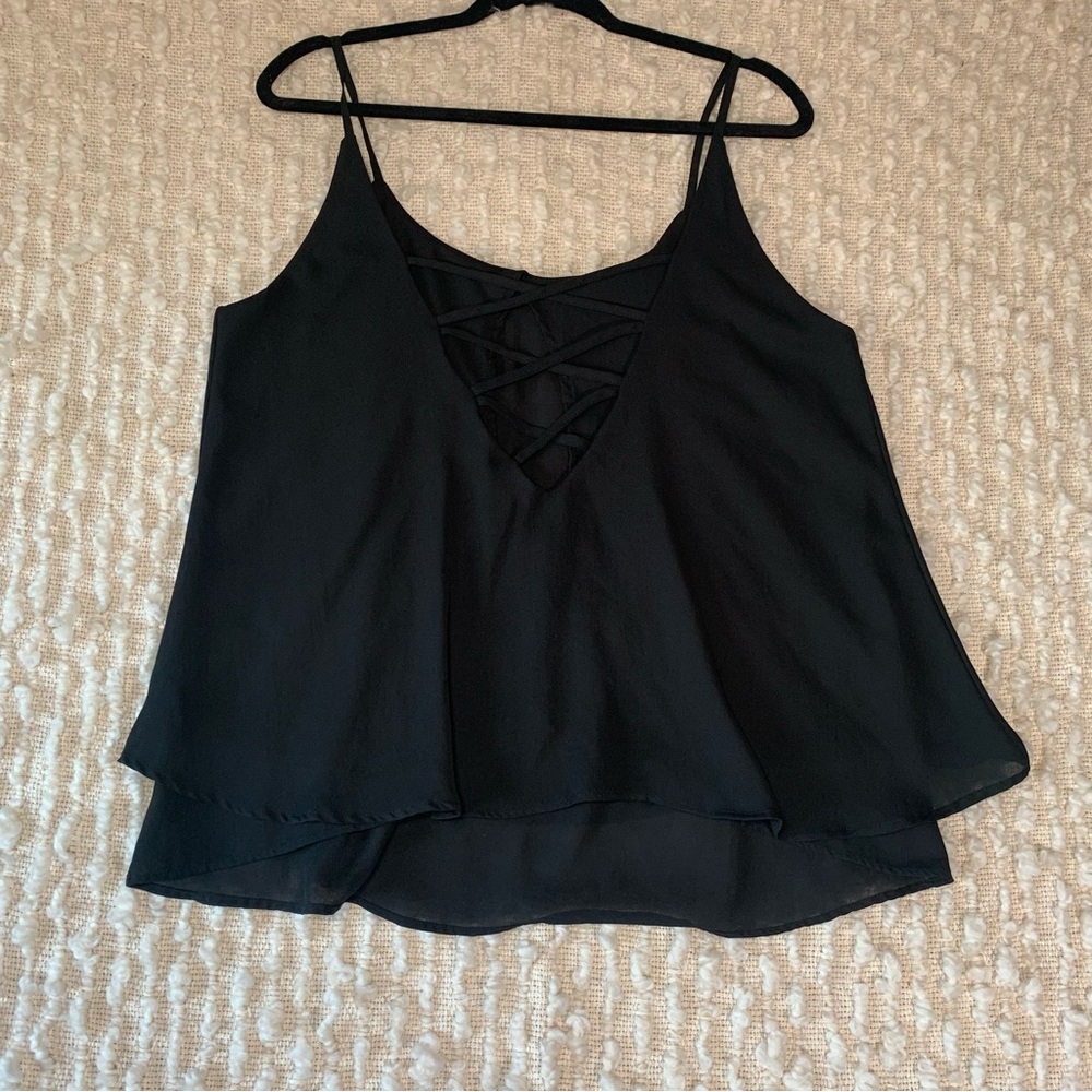 WOMENS LARGE BLACK V NECK CROSS SLEEVELESS BLOUSE TOP SPAGHETTI LOOSE FIT FLOW‎